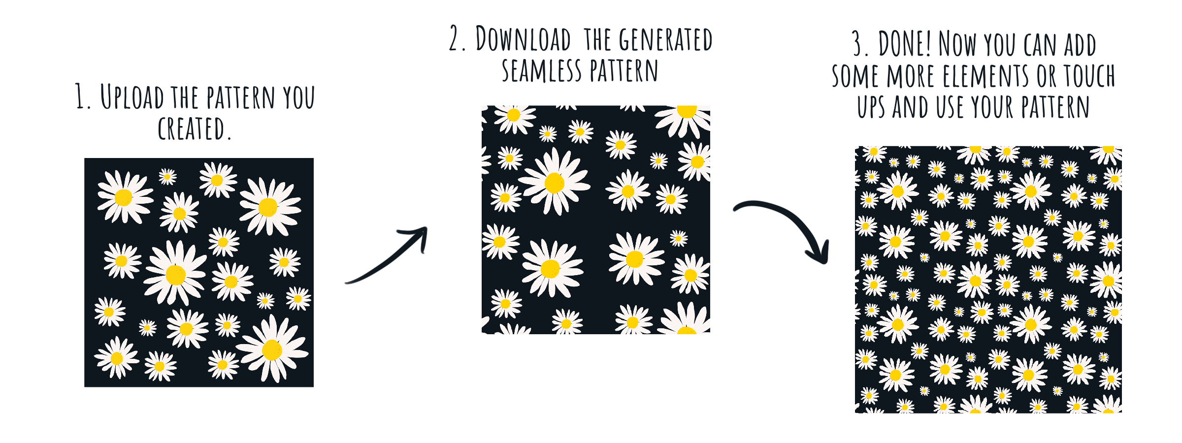 Steps to generate your seamless pattern. 1. Upload the pattern you created. 2. Download the generated seamless pattern. 3. Done! Now you can add some more elements or touch ups and use your pattern.